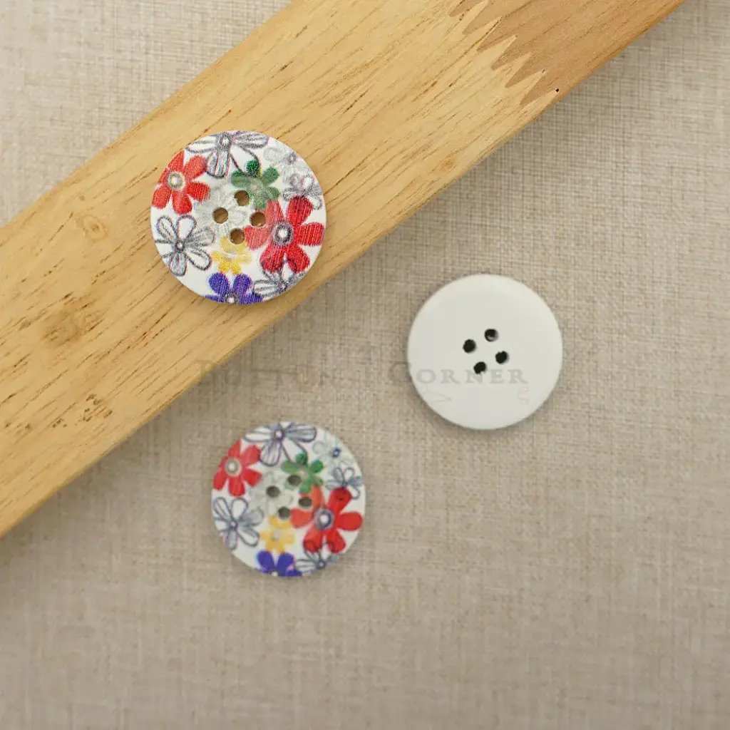 Multicoloured Flower Print 4 Hole Wooden Button