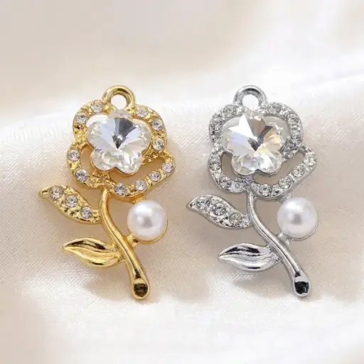 Ornate Rhinestone Studded Rose Blossom Pendant Button