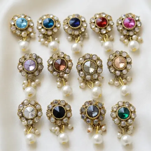 Ornate Floral Rhinestone Embellished Statement Button with Pearl Hanging