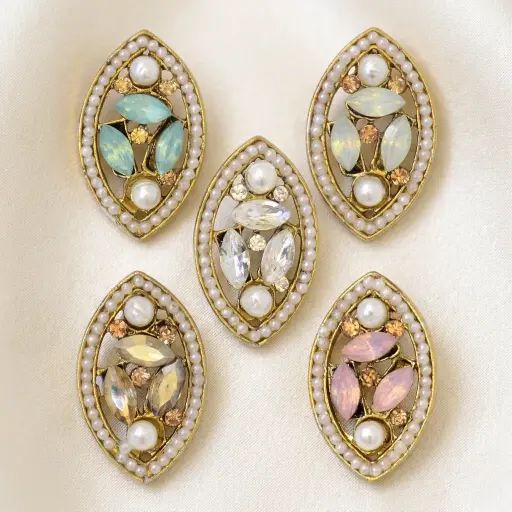 Elegant Eye-Shaped Fancy Button with Pearls and Marquise Crystals