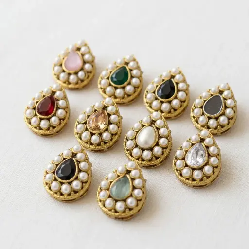 Elegant Teardrop Crystal Button with Pearl Halo Border