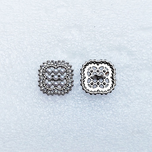 [72889 NONTOXIC WHT] Silver Tone Square Pearl Rhinestone Button