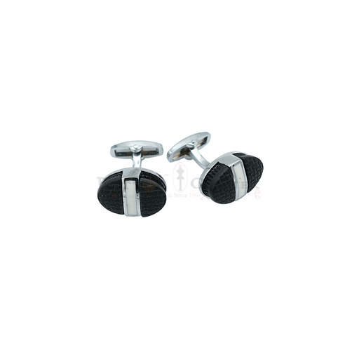 [CF540-26 NONTOXIC WHT] Silver Plated White Line Black Oval Cufflink