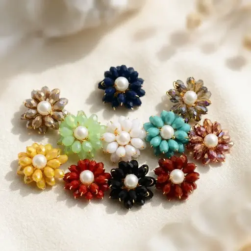Sparkling Faceted Glass Bead & Pearl Bouquet Flower Button