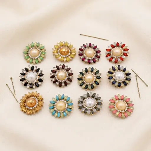 Sparkling Rhinestone & Marquise Crystal Pearl Blossom Button