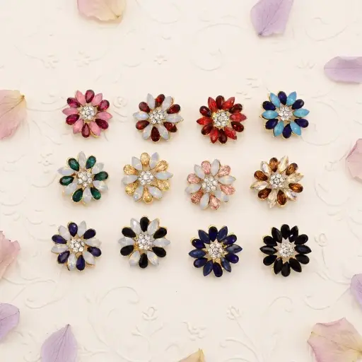 Gold Base Sparkling Rhinestone & Marquise Crystal Floral Buttons